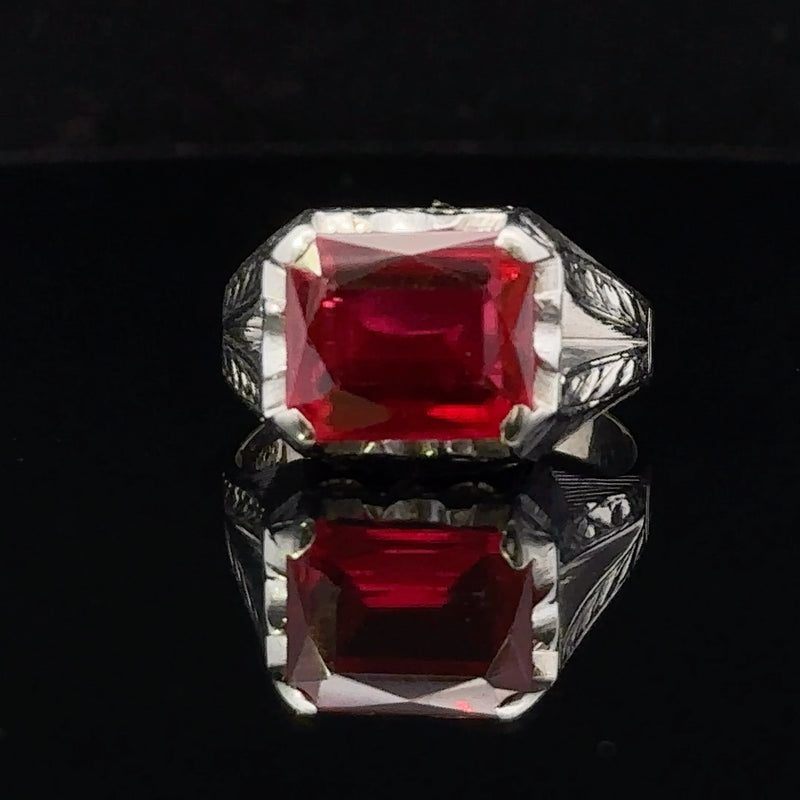 Veleska Jewelry white 10 karat gold ring with emerald-cut synthetic red ruby