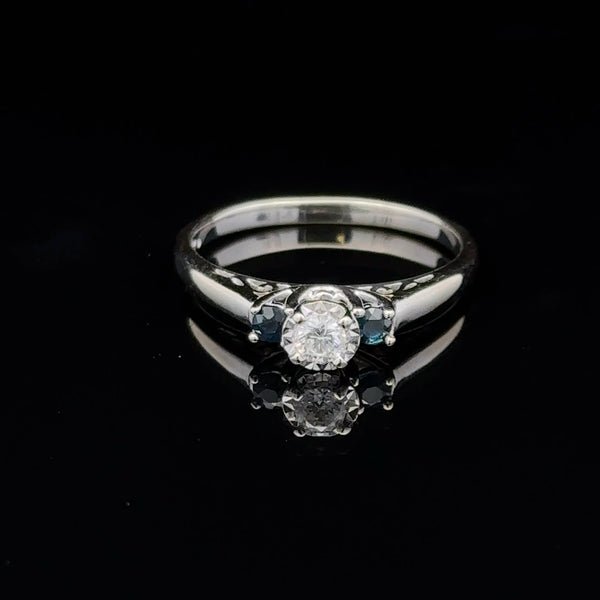 Taliyah Ring 14K white gold 3 stone engagement ring with illusion set diamond.