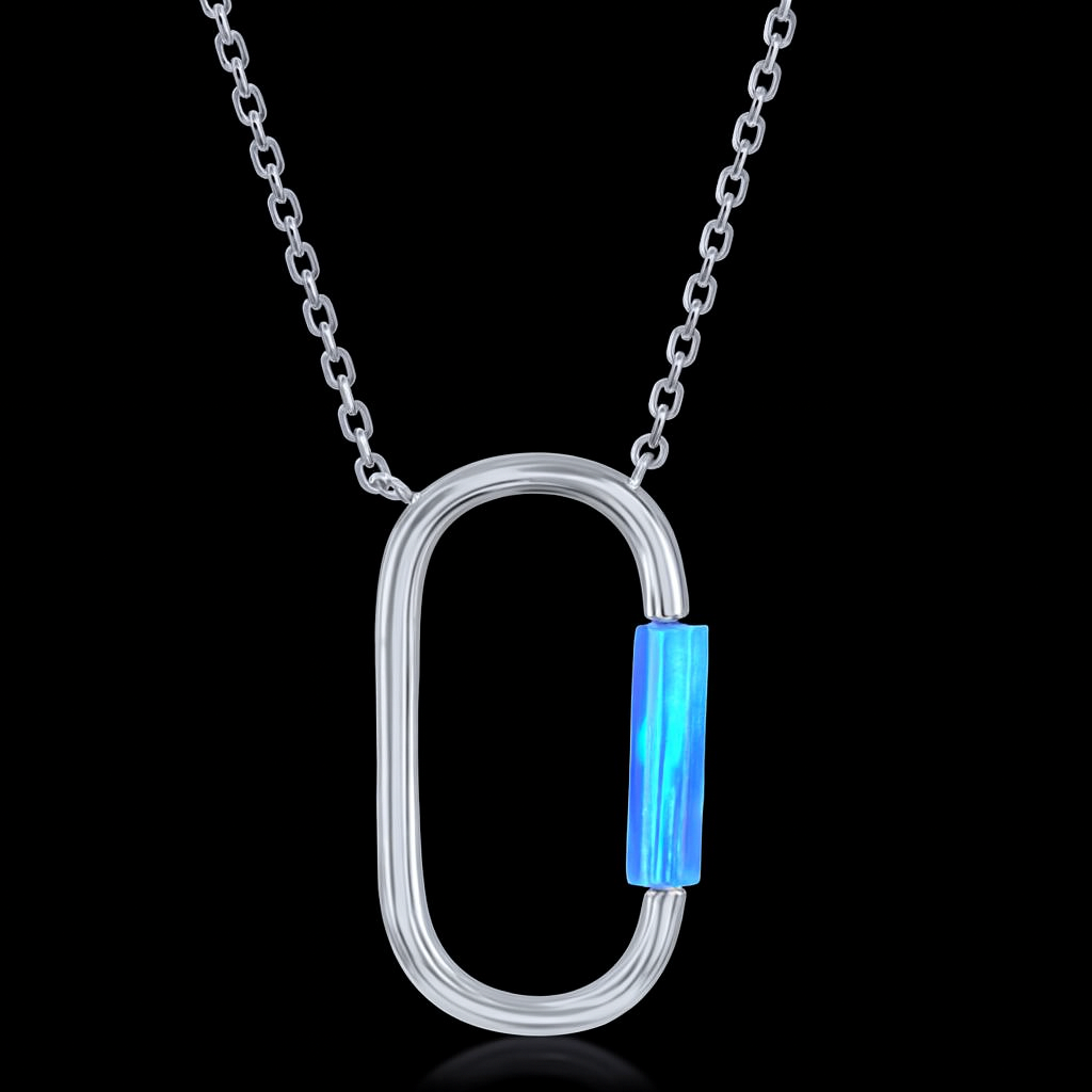 Silver Polished Oval Cable Link Necklace with Synthetic Blue Opal