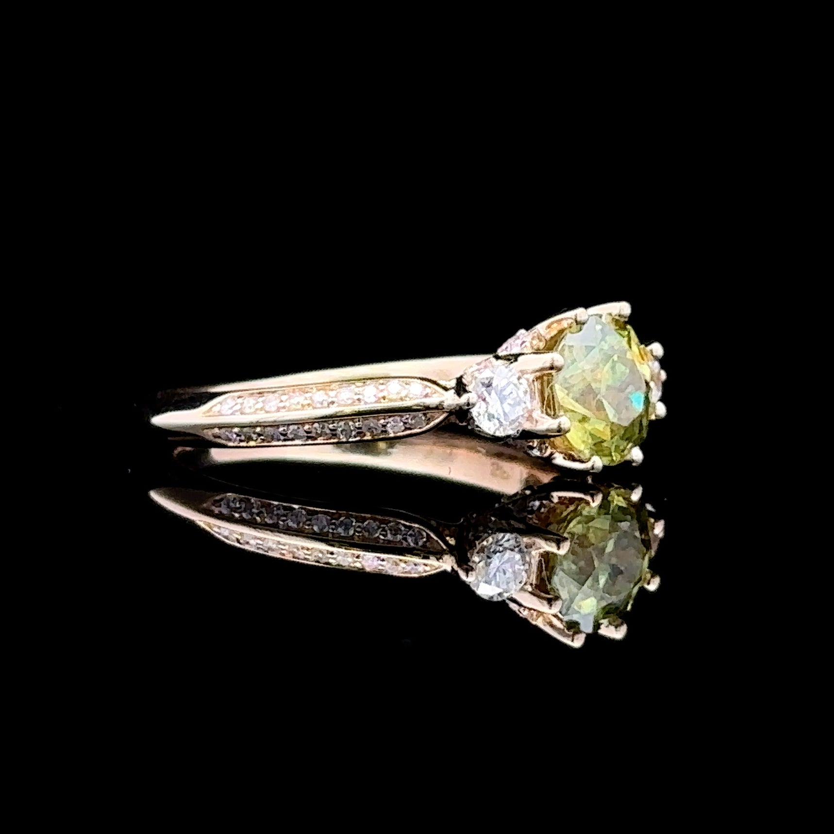 Yellow 14K Gold Artisan Ring with 1.25ct Peridot & Diamonds