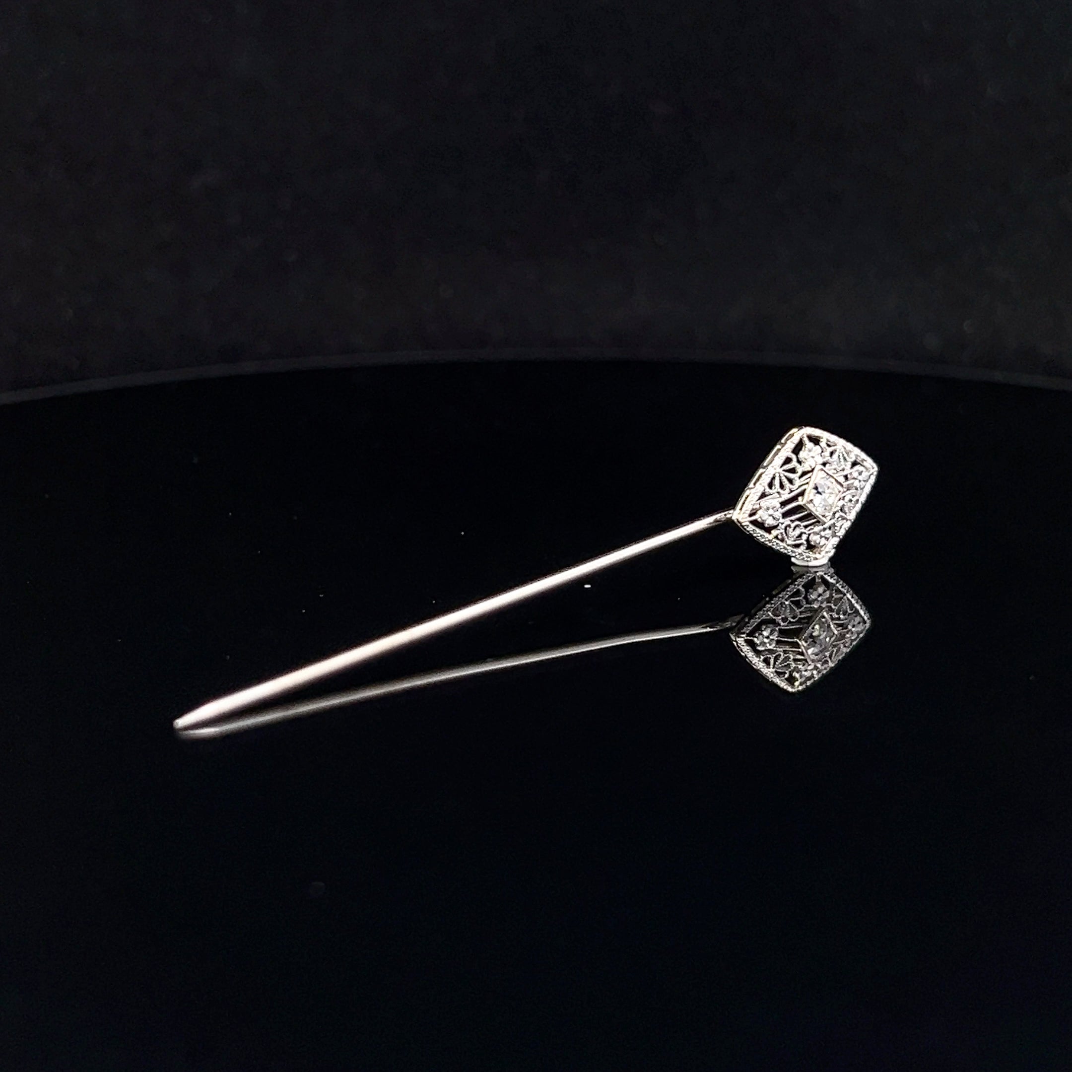 Flora 14k White Gold Filigree Stick Pin with .10ct European Cut Diamond