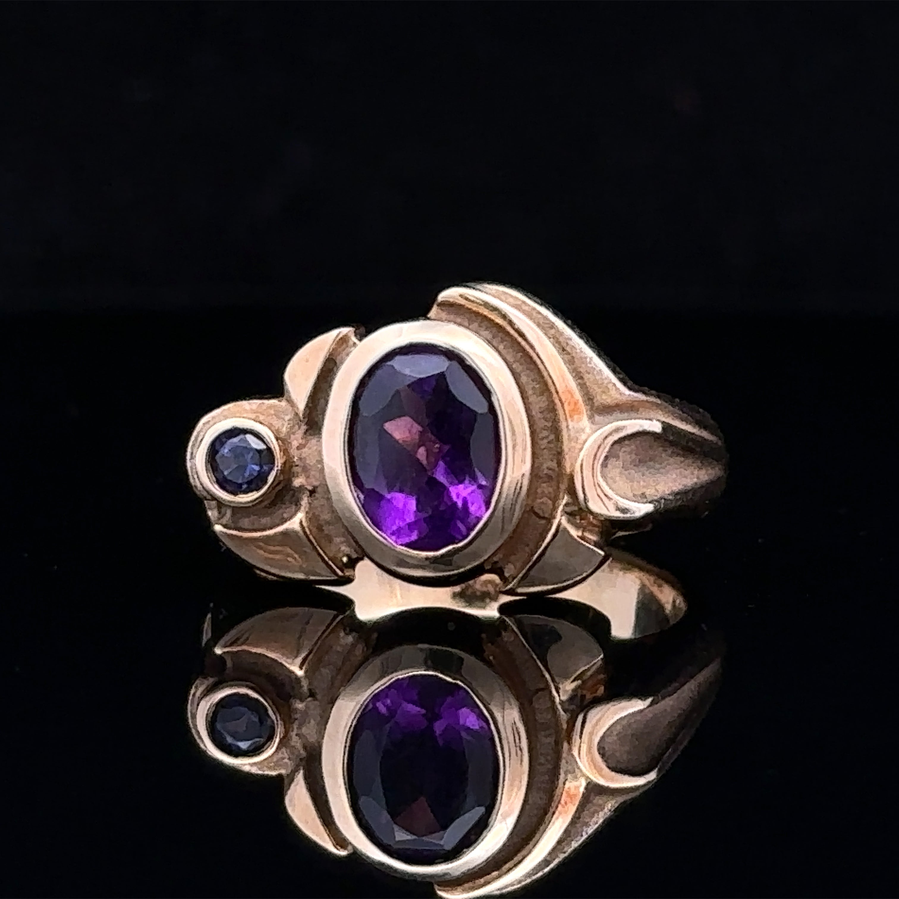 yellow 14K gold artisan ring with amethyst and iolite