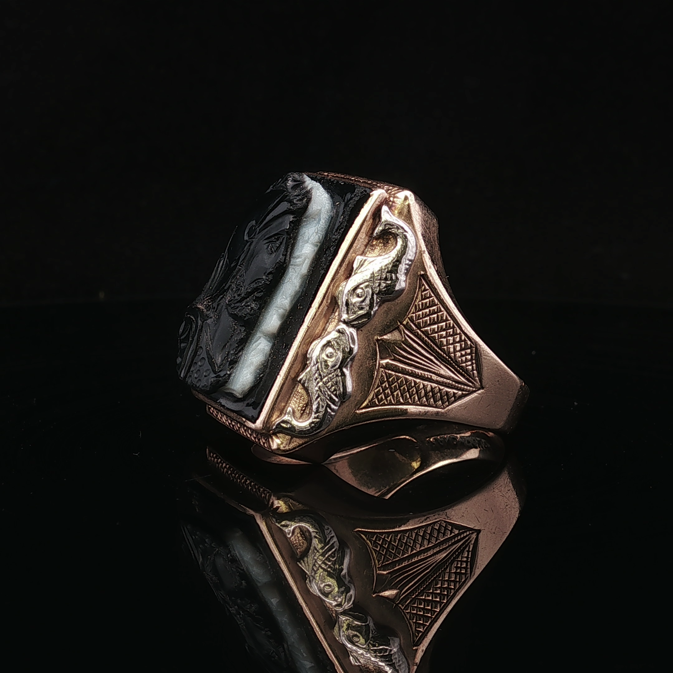 Cannon Carved Stone Ring in 10K Yellow Gold