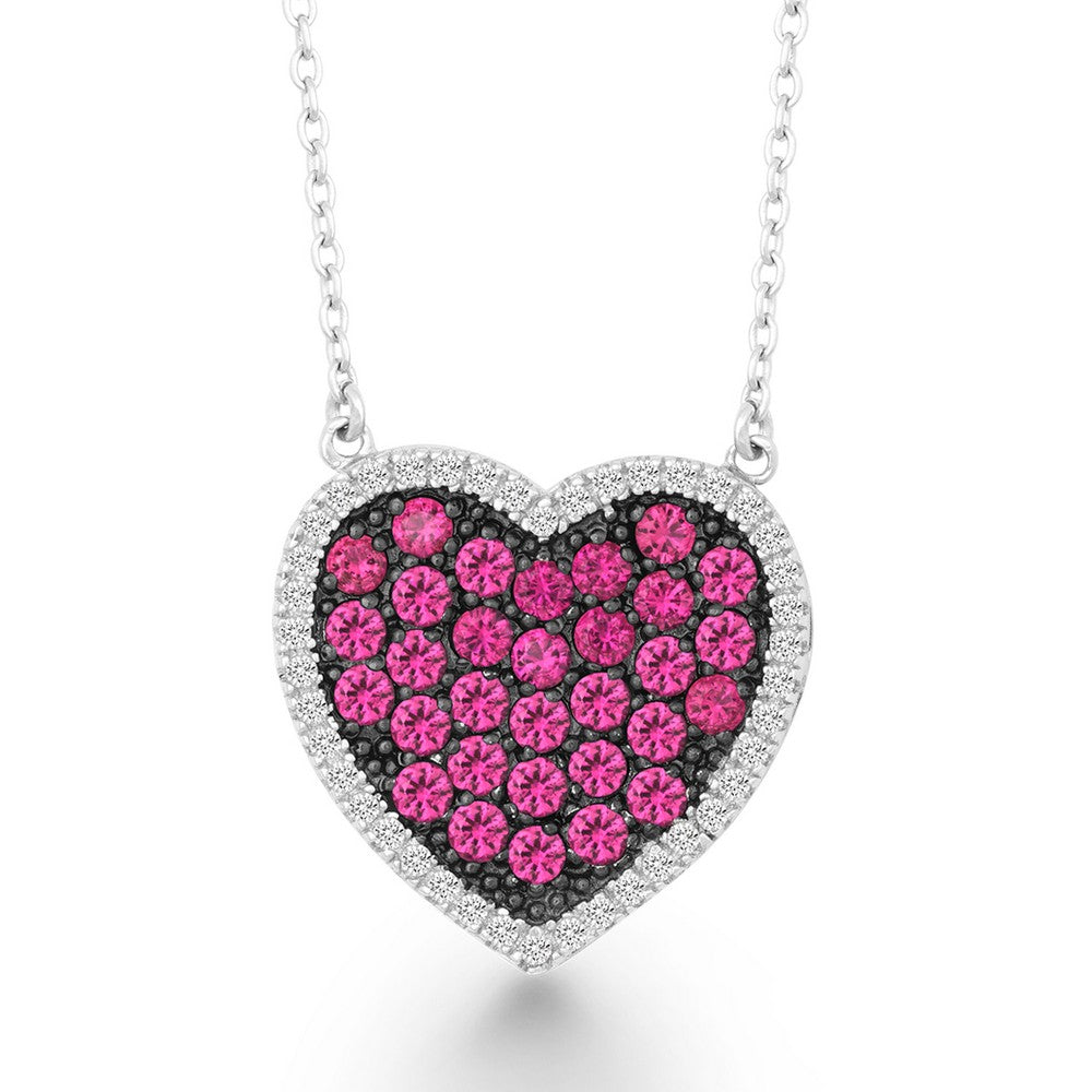 Sterling Silver Pink & Black CZ Heart Necklace