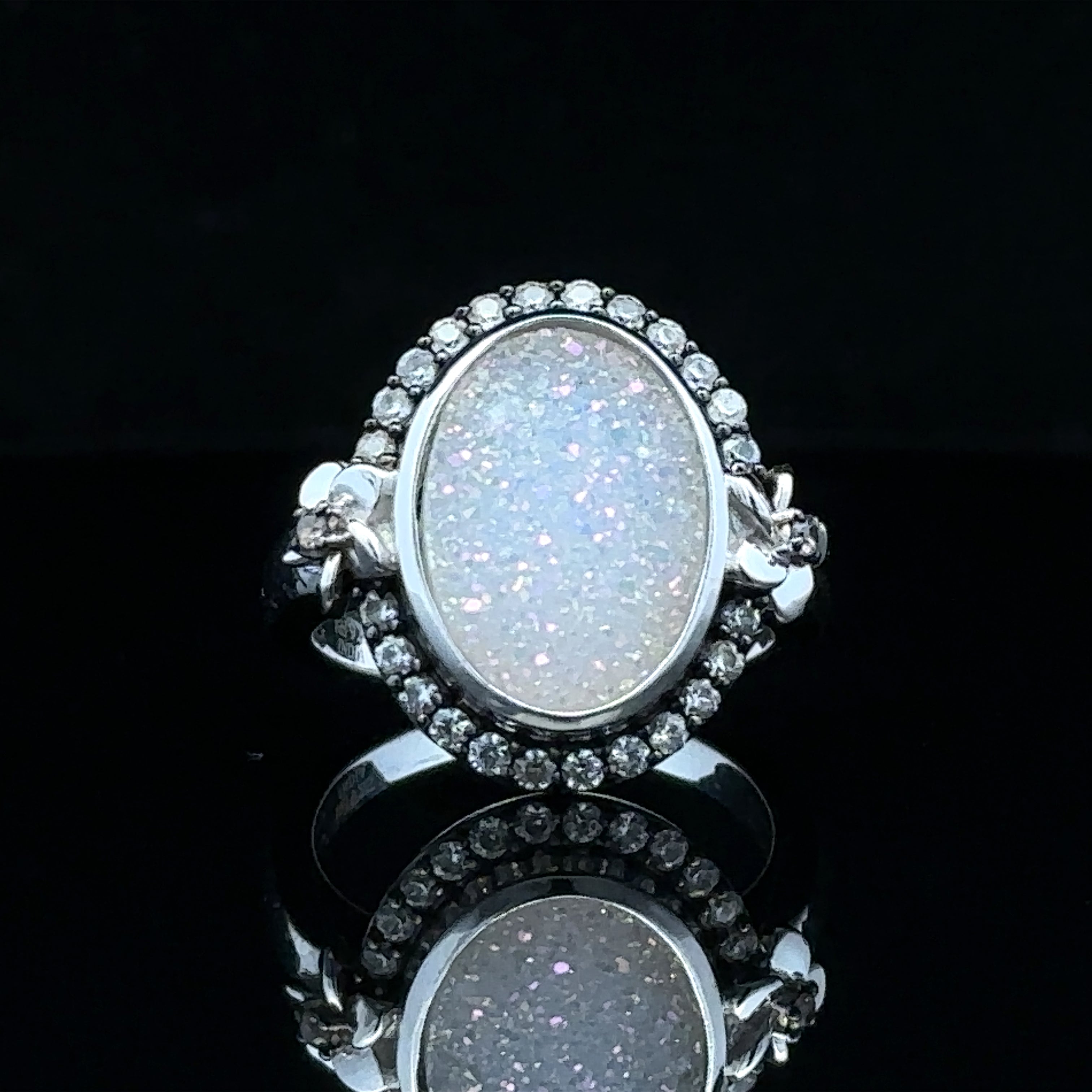 white silver ring with oval opal druzy
