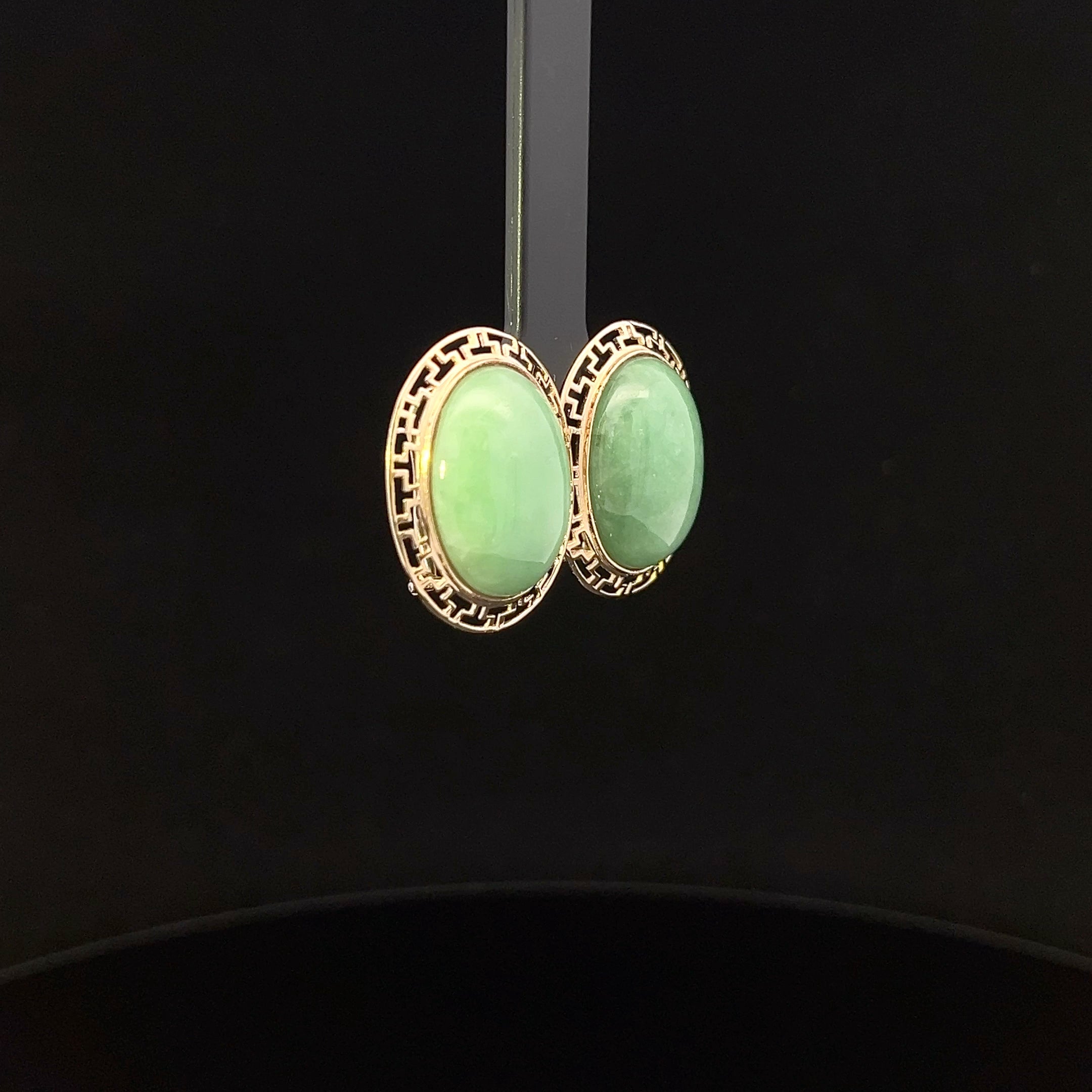 Romilda 14K Yellow Gold Oval Jade Earrings with Greek Key Edge