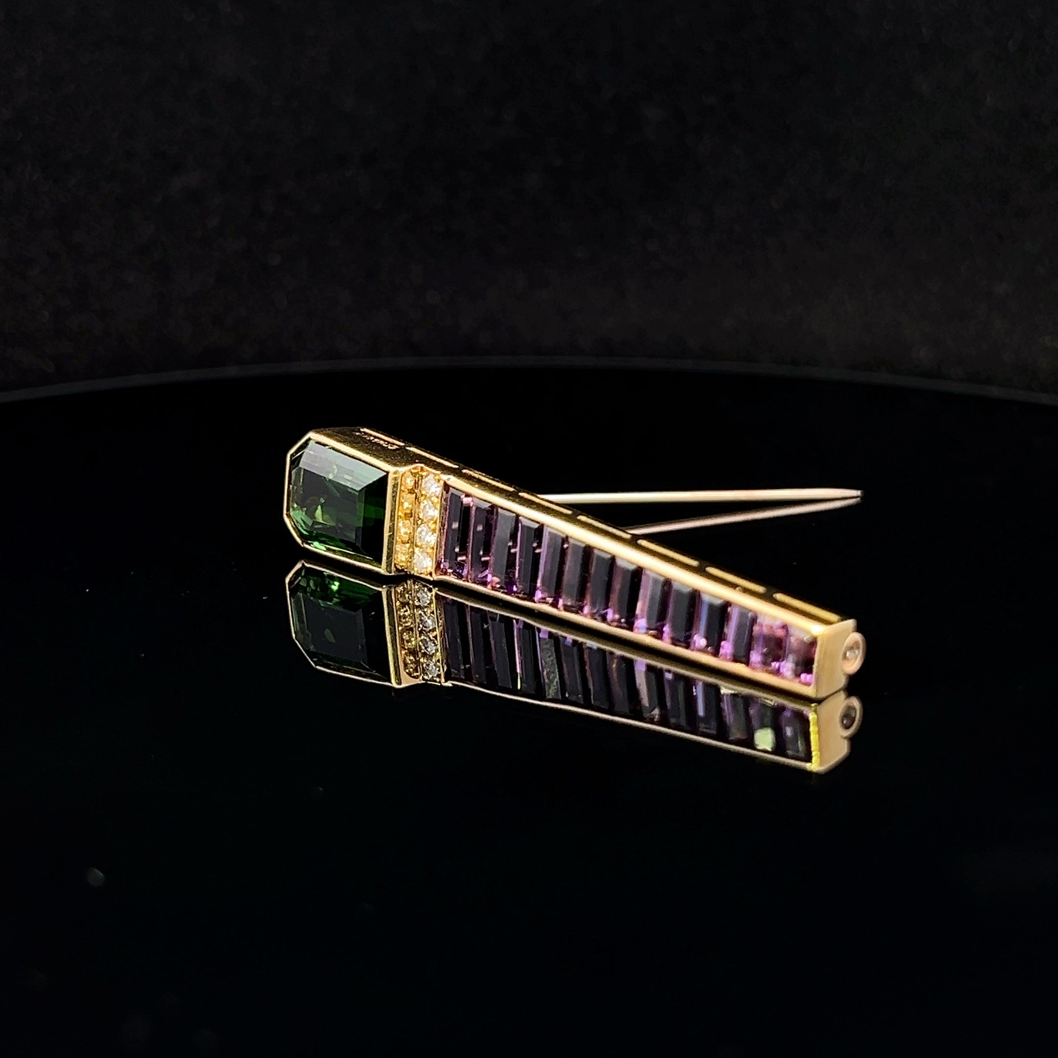 Madelynn 18K Yellow Gold Green Tourmaline, Amethyst & Diamond Pin