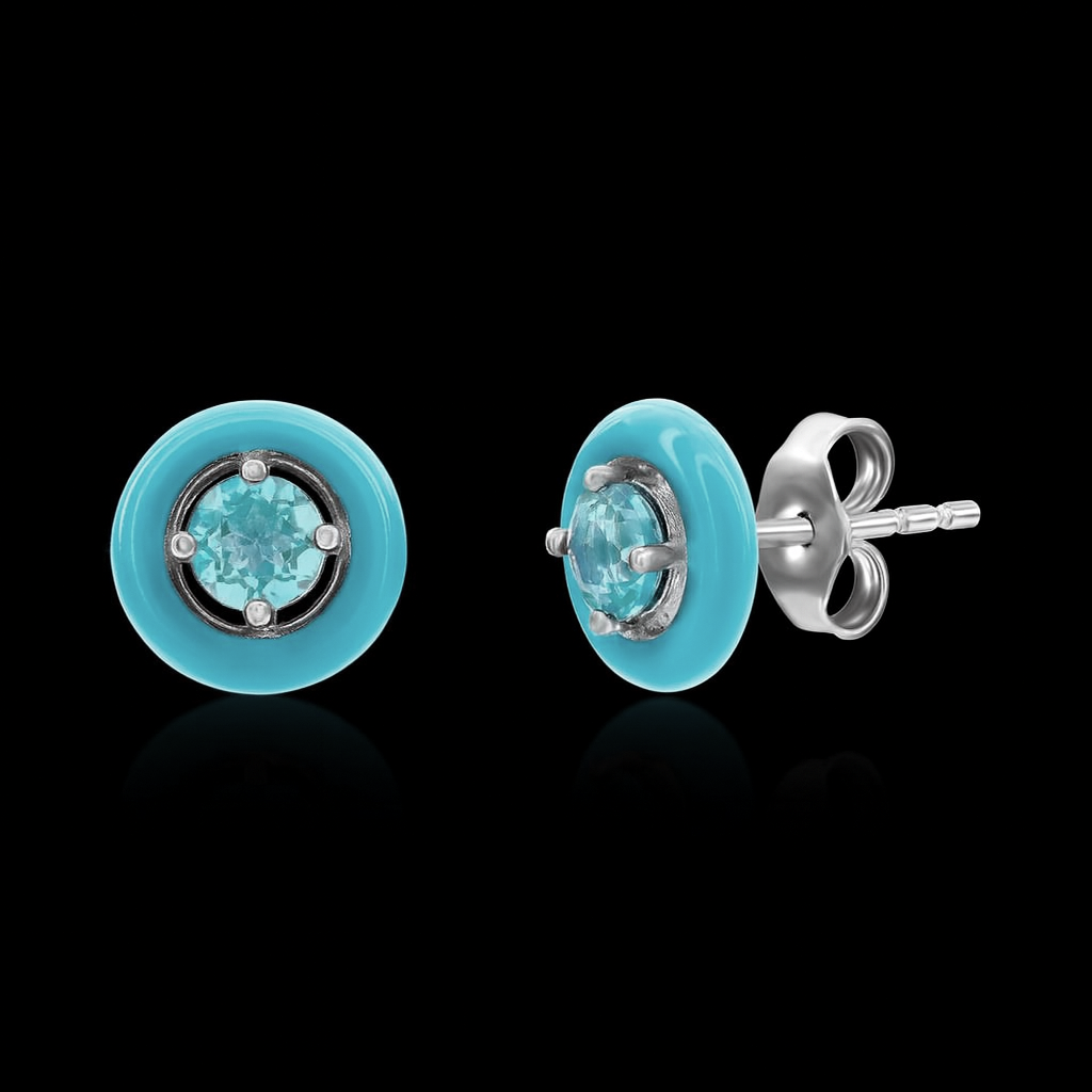 Sterling Silver Blue Enamel & Sky Blue Topaz Stud Earrings
