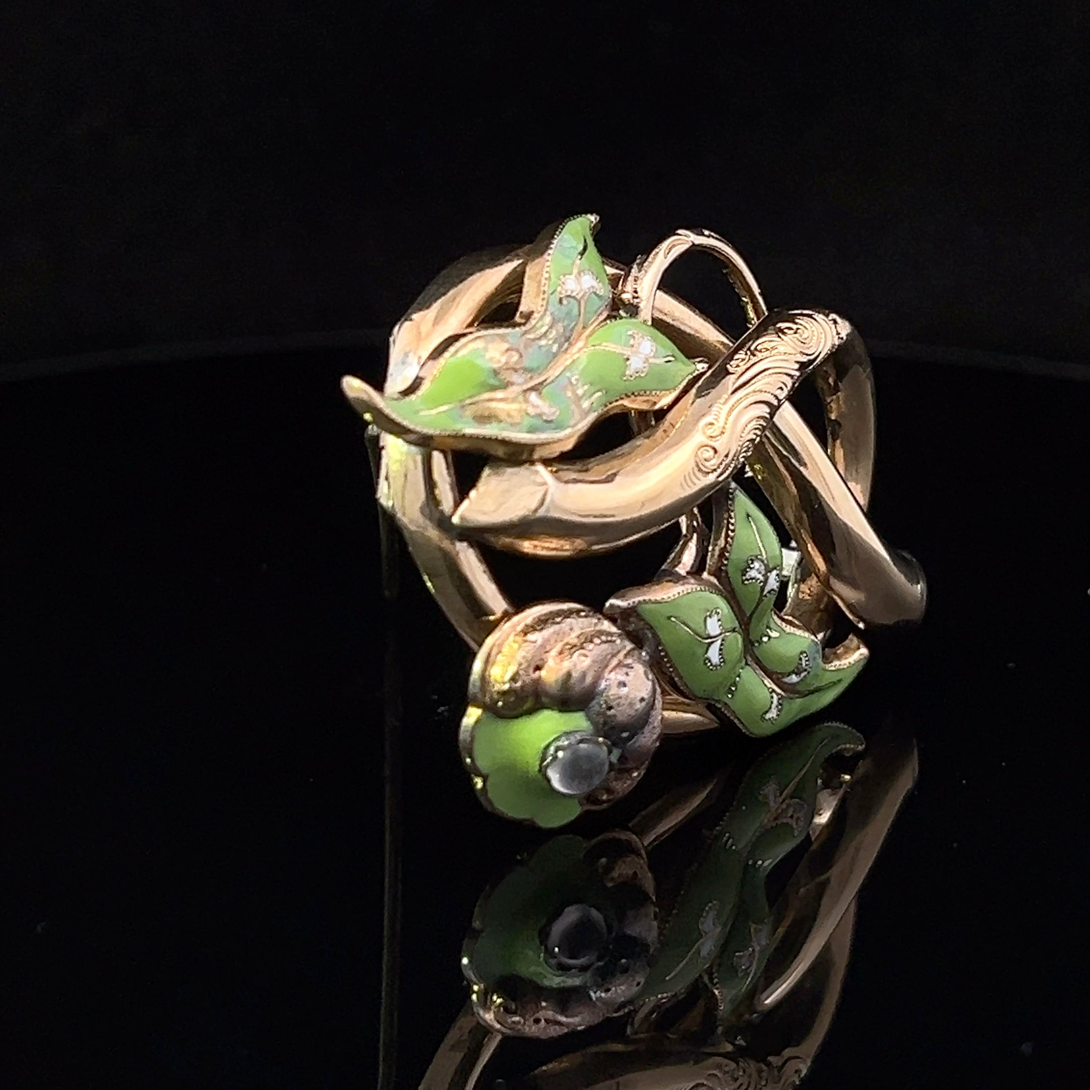 Valerie 10KY Art Nouveau Green Enamel & Moonstone Pin