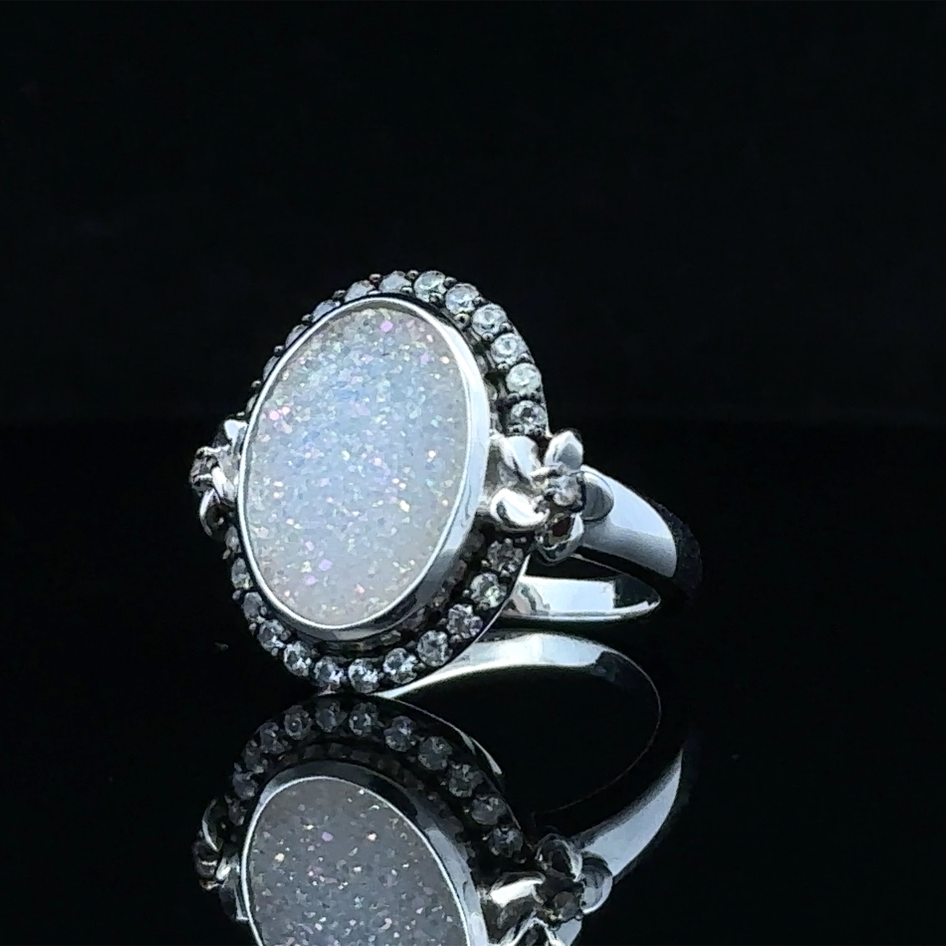 opal druzy ring with CZ accents
