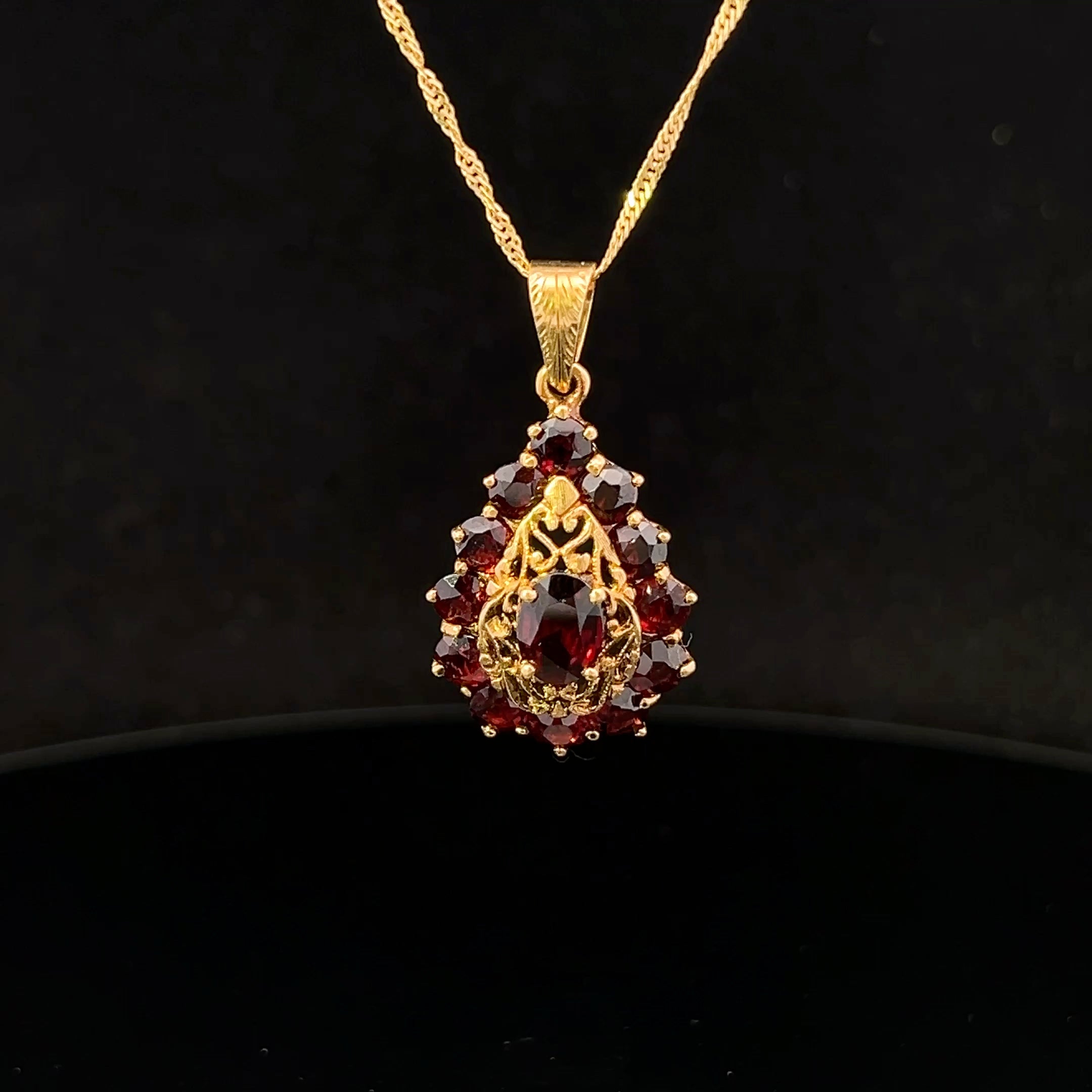 Della 18KY Garnet Filigree Teardrop Pendant on 14KY Singapore Chain