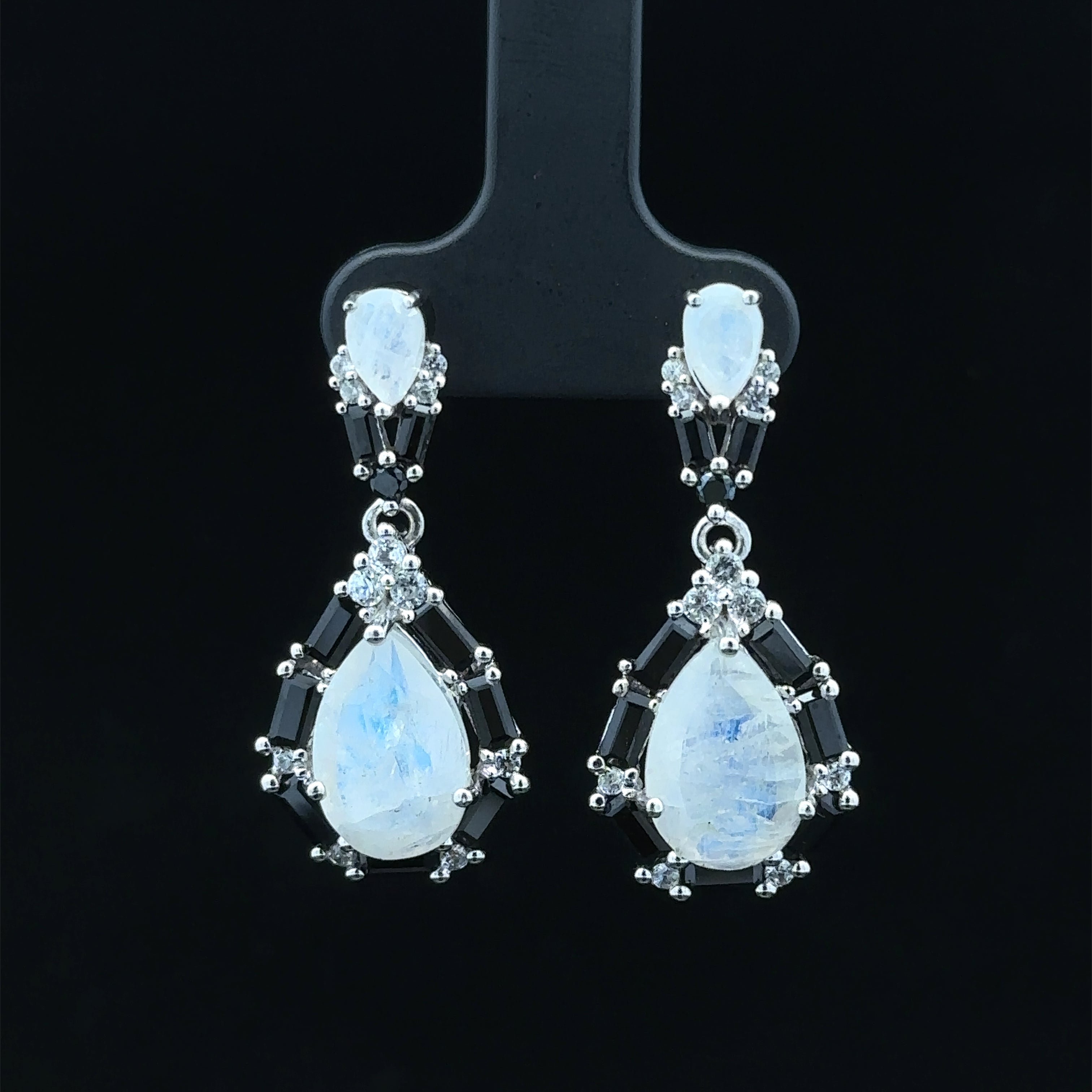 Malani White Silver Dangle Earrings with Moonstone and Black Spinel