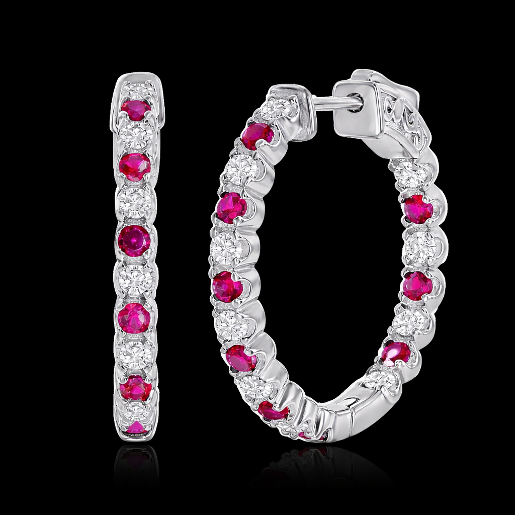Sterling Silver Ruby and White CZ Inside-Out Hoops