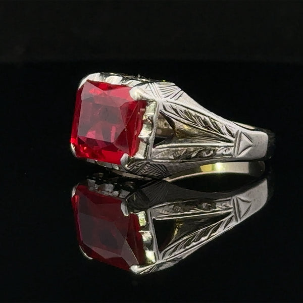 Elegant white gold fashion ring size 10 with emerald-cut red ruby