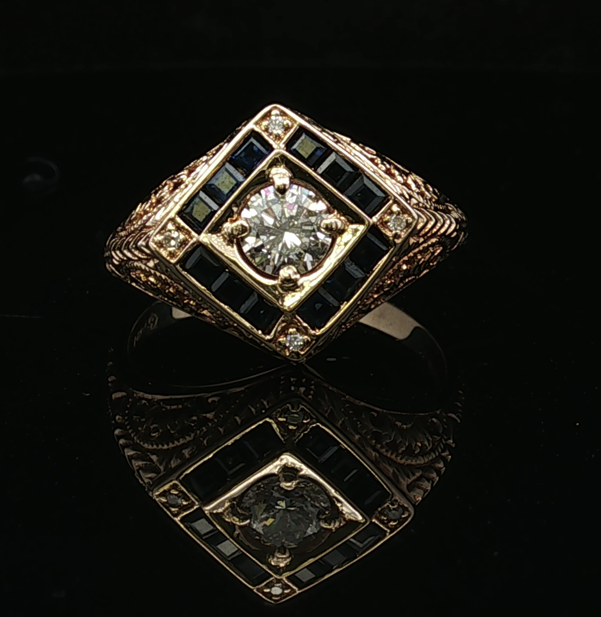 14K Yellow Gold Estate Diamond Sapphire Filigree Ring