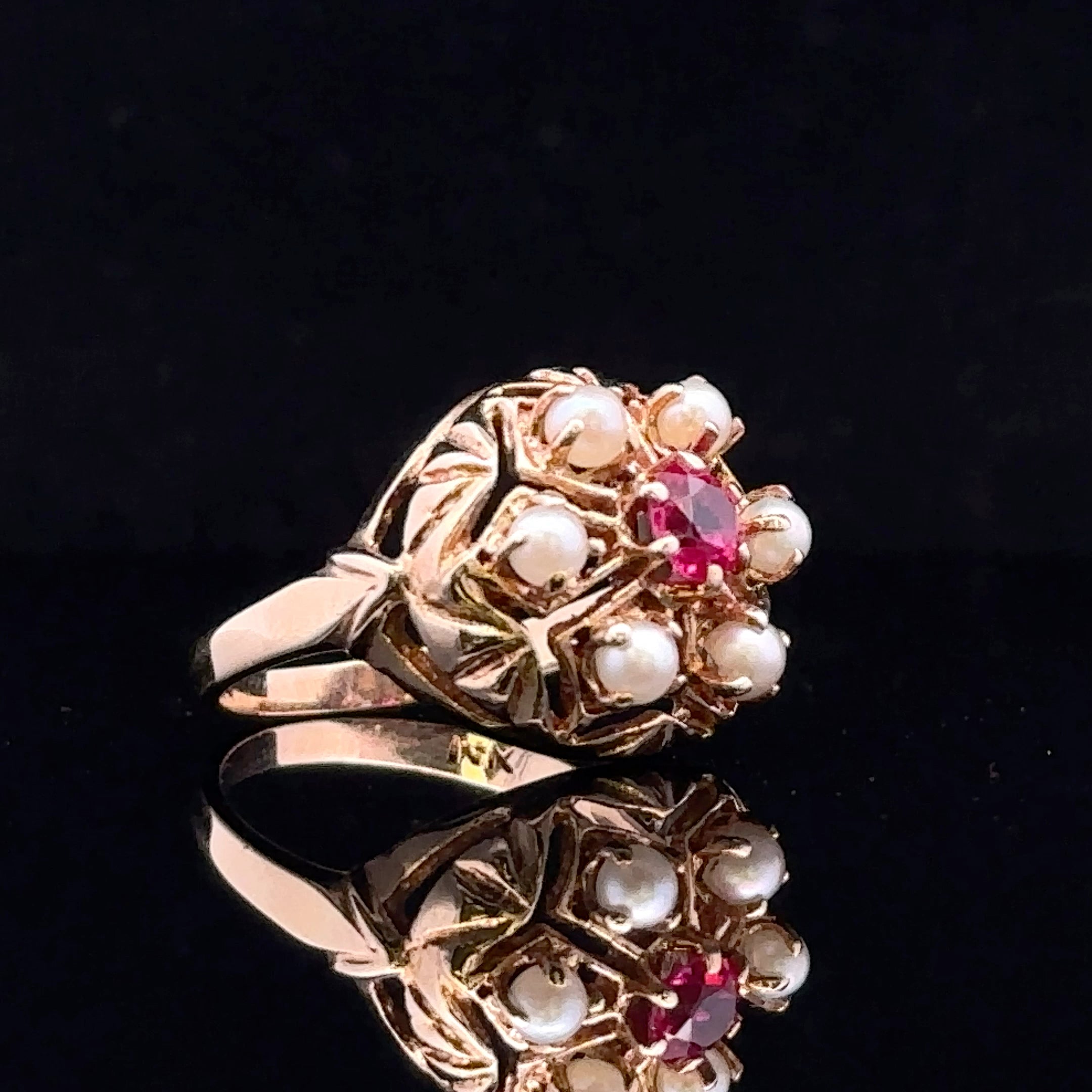 Paula 14K Yellow Gold Pearl Halo and Lab Ruby Stone  Ring