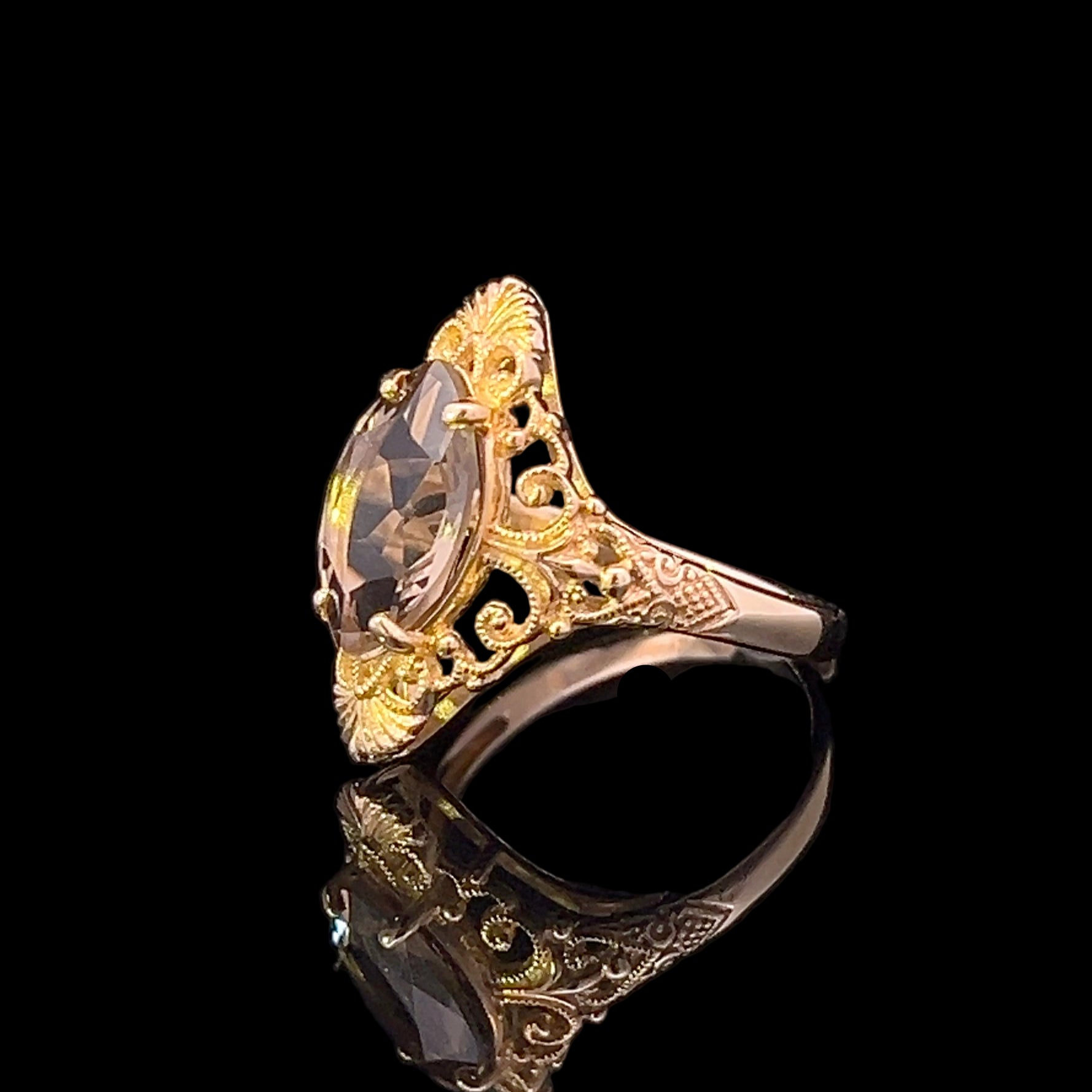 Erin 14KY 2.5CT Marquise Smoky Quartz Filigree Ring