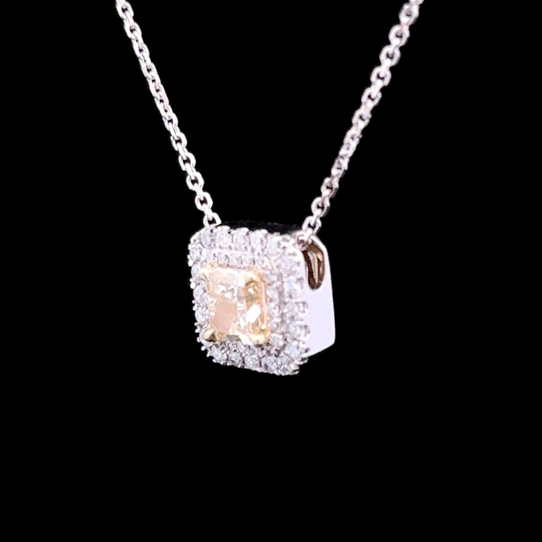 14K White Gold Janelle Halo Necklace with 0.50ct Princess Yellow Diamond