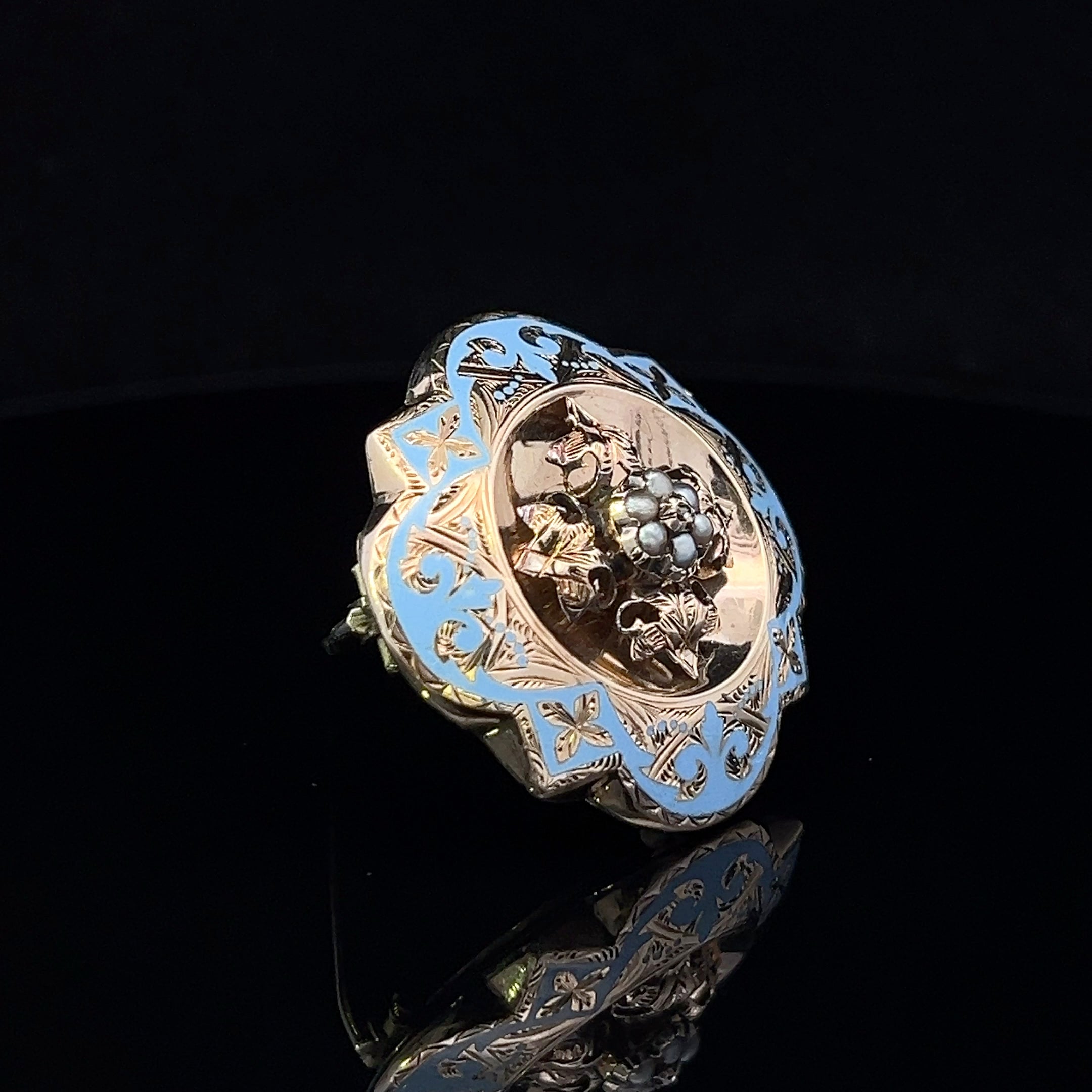 Bethany 10K Yellow Gold Victorian Mourning Pin with Blue Enamel, Seed Pearls & Diamond