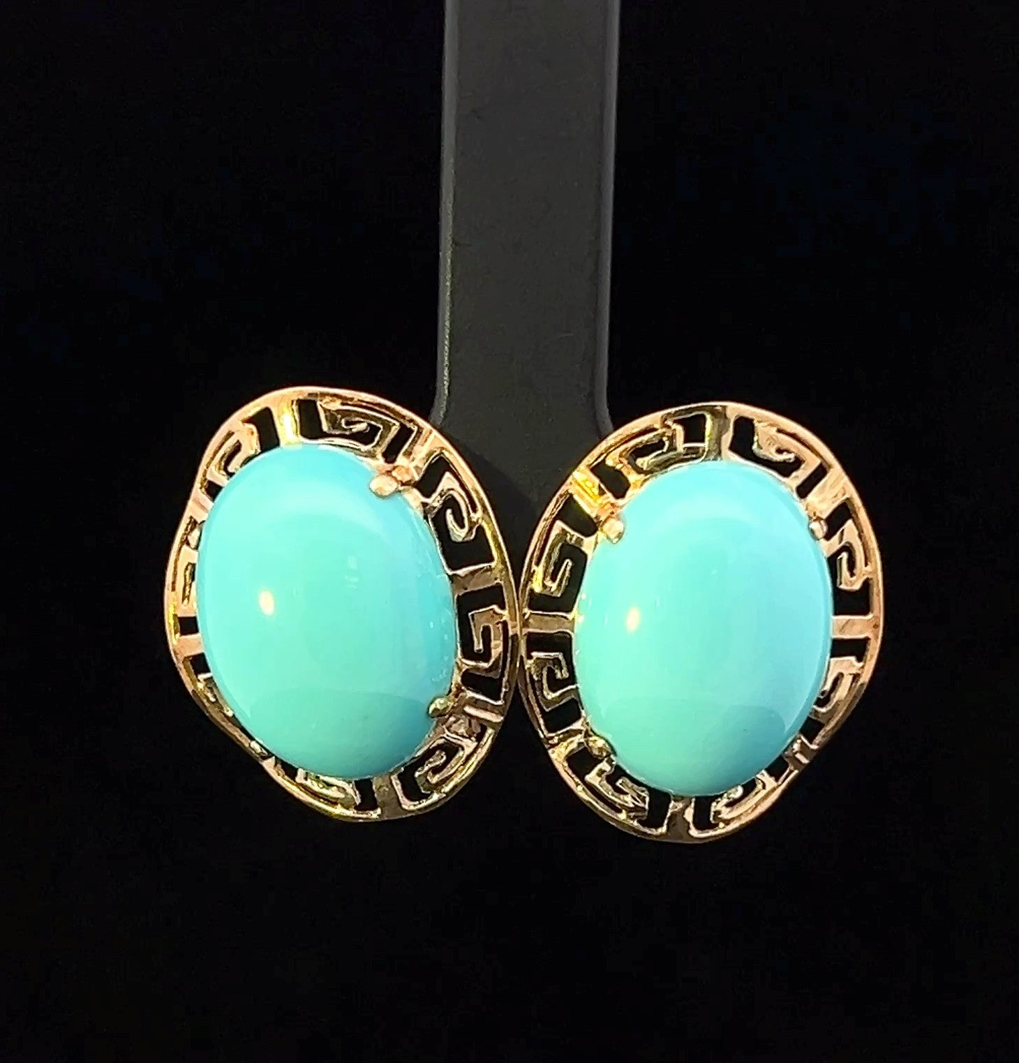 Juliana 14KY Persian Turquoise Ovals Greek Key Frame Earrings