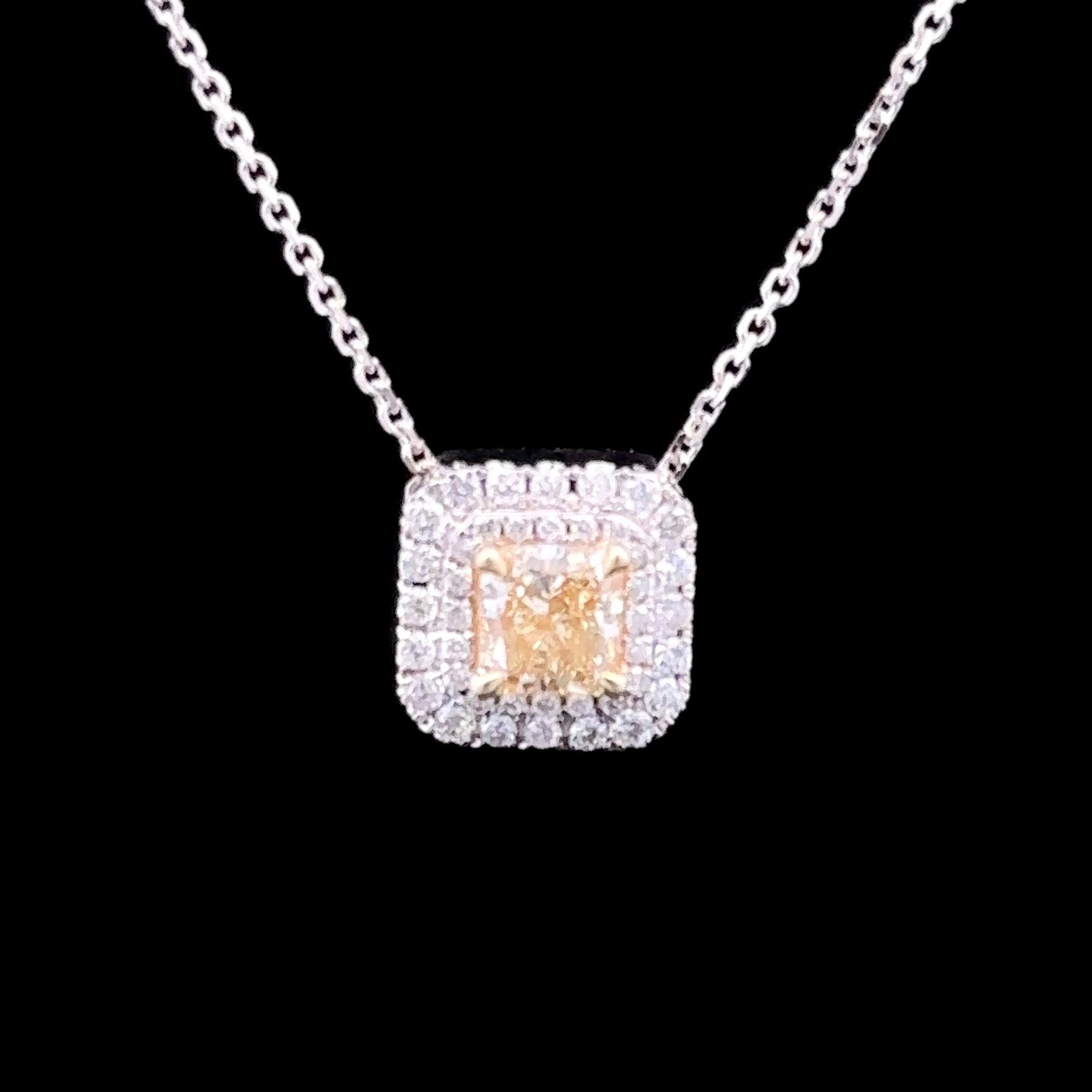 14K White Gold Janelle Halo Necklace with 0.50ct Princess Yellow Diamond