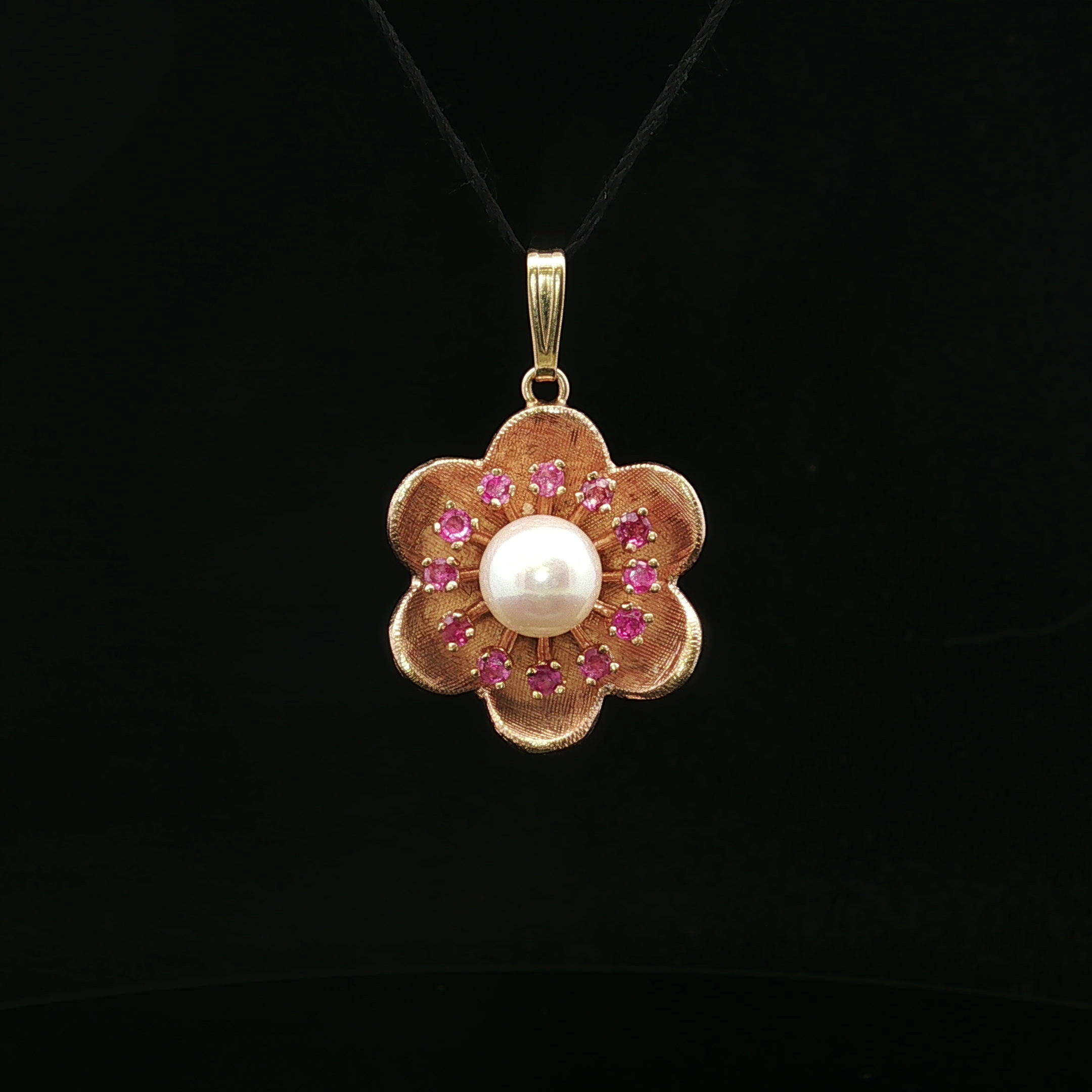 Imogene Ruby and Pearl Flower Pendant 14K Gold