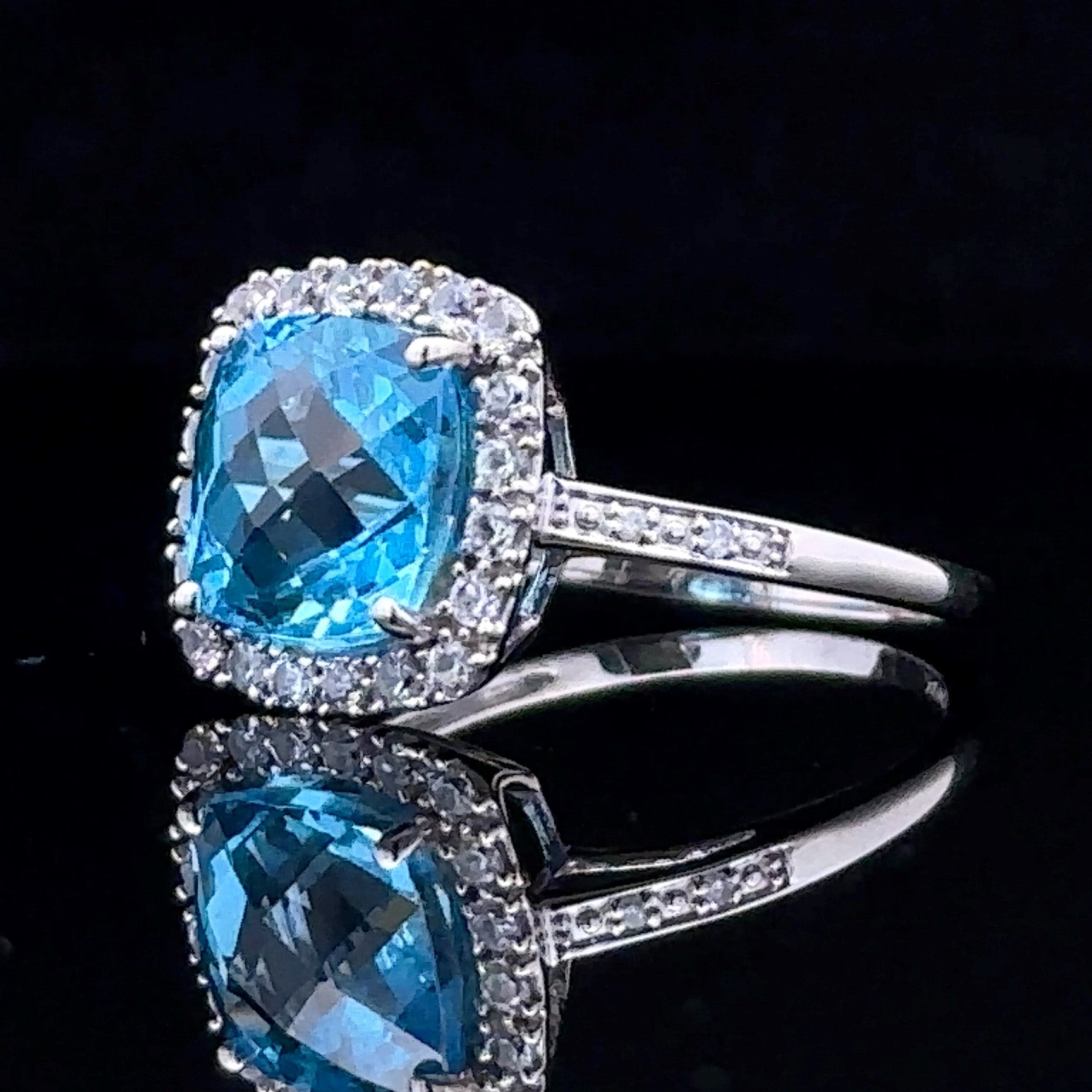 Tori 10K White Gold Halo Ring with Blue Topaz and CZ Accents, Size 7