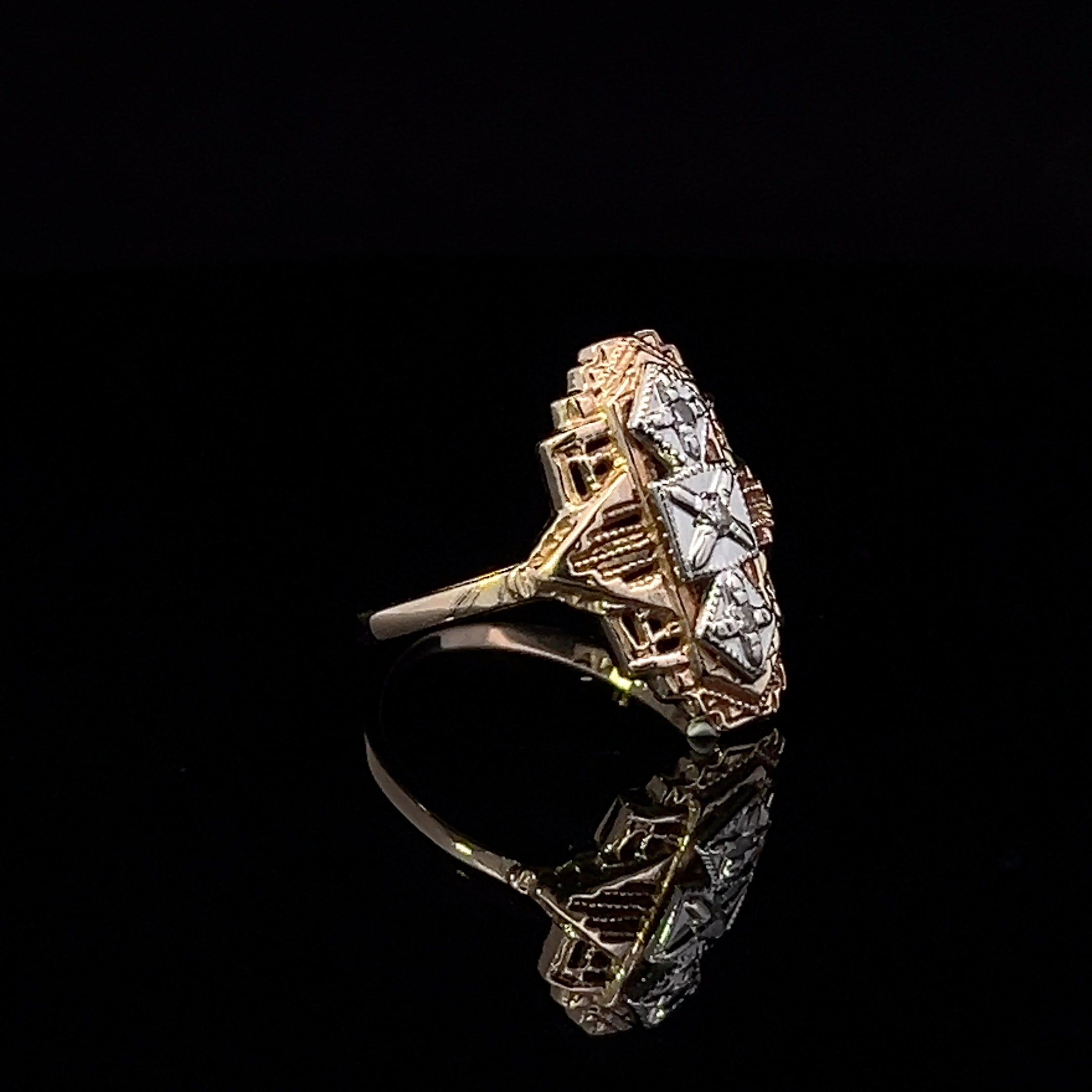 Fernanda 10K Two-Tone Gold Vintage Filigree Ring with 3 Diamonds