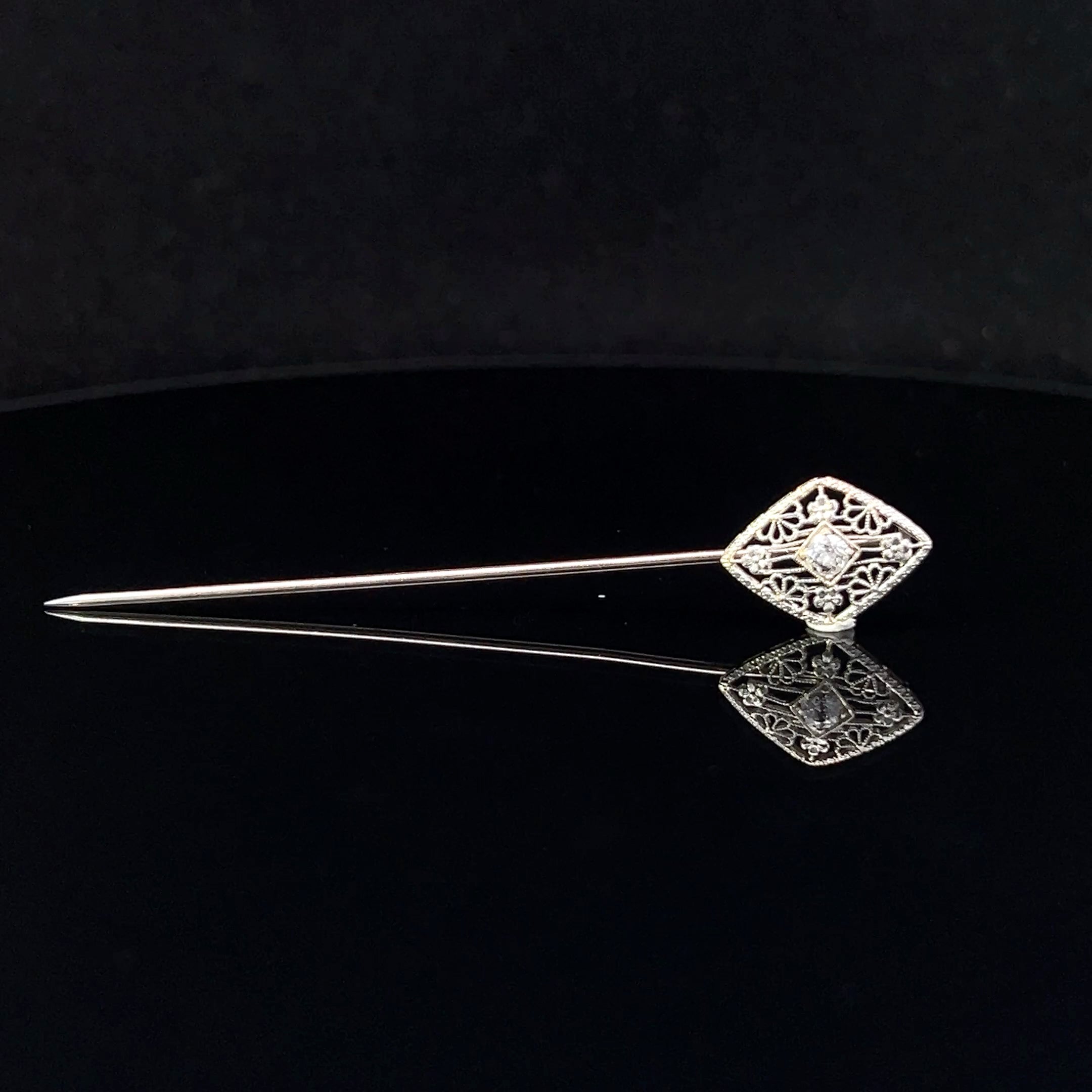 Flora 14k White Gold Filigree Stick Pin with .10ct European Cut Diamond