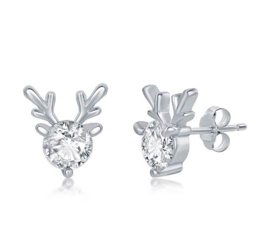 Sterling Silver Reindeer Christmas Earrings - Red Nose Rudolph Studs (Boxed Gift)