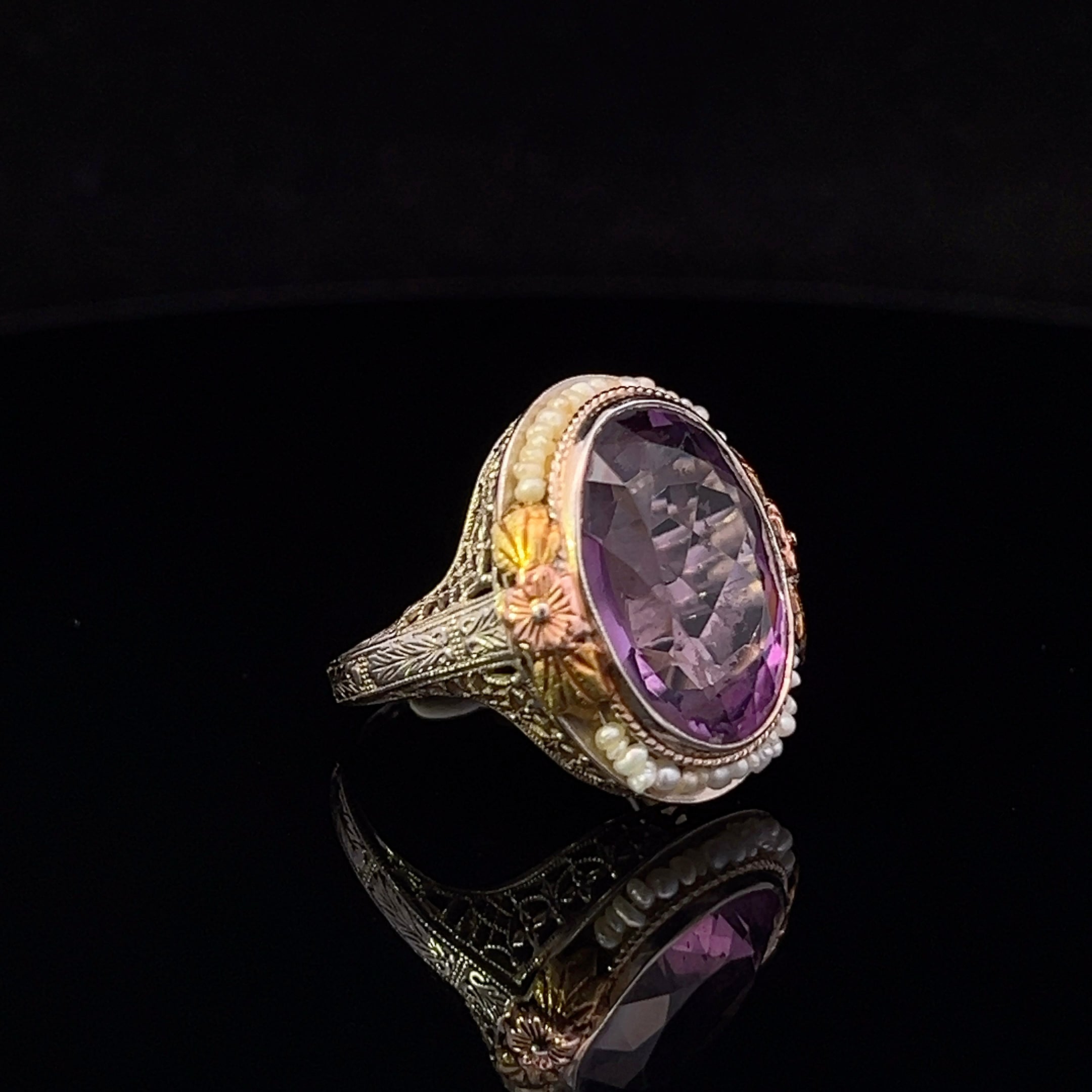 Ainhoa 1950 Vintage 11.30CT Amethyst & Pearl Floral Ring