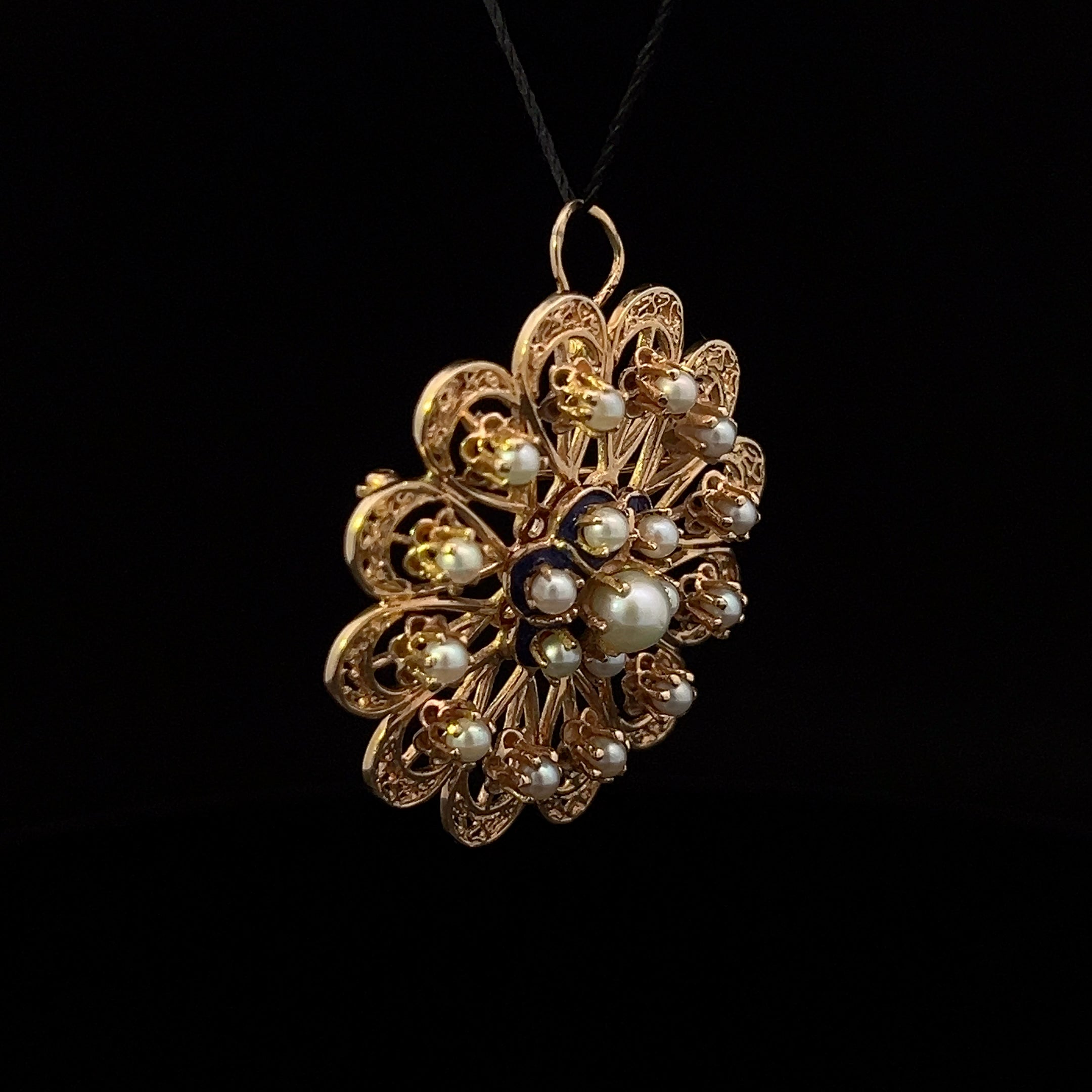 Kori 14K Yellow Gold Round Pearl Pin/Pendant with Blue Enamel