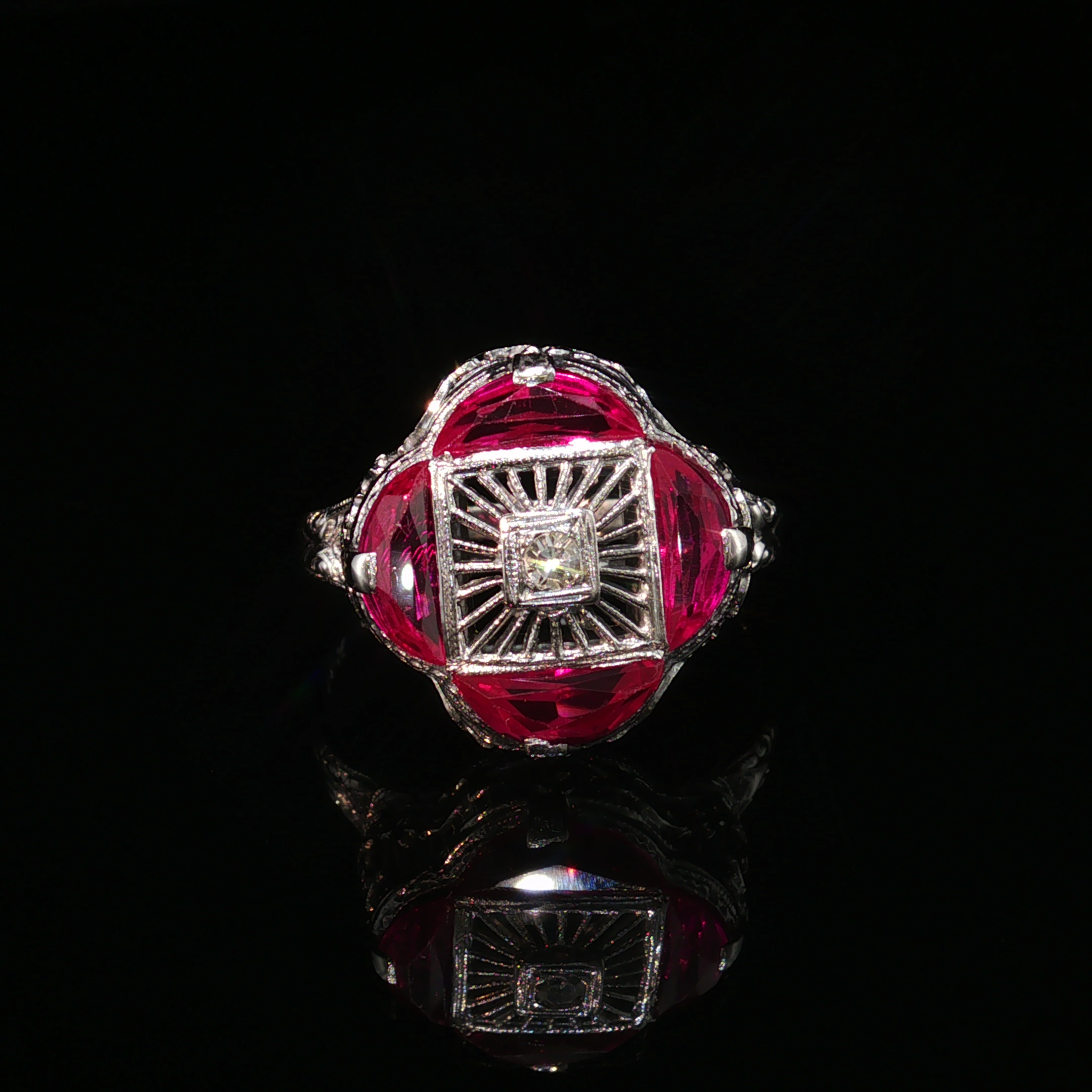 Linnea 14k White Gold Ruby & Diamond Filigree Estate Ring