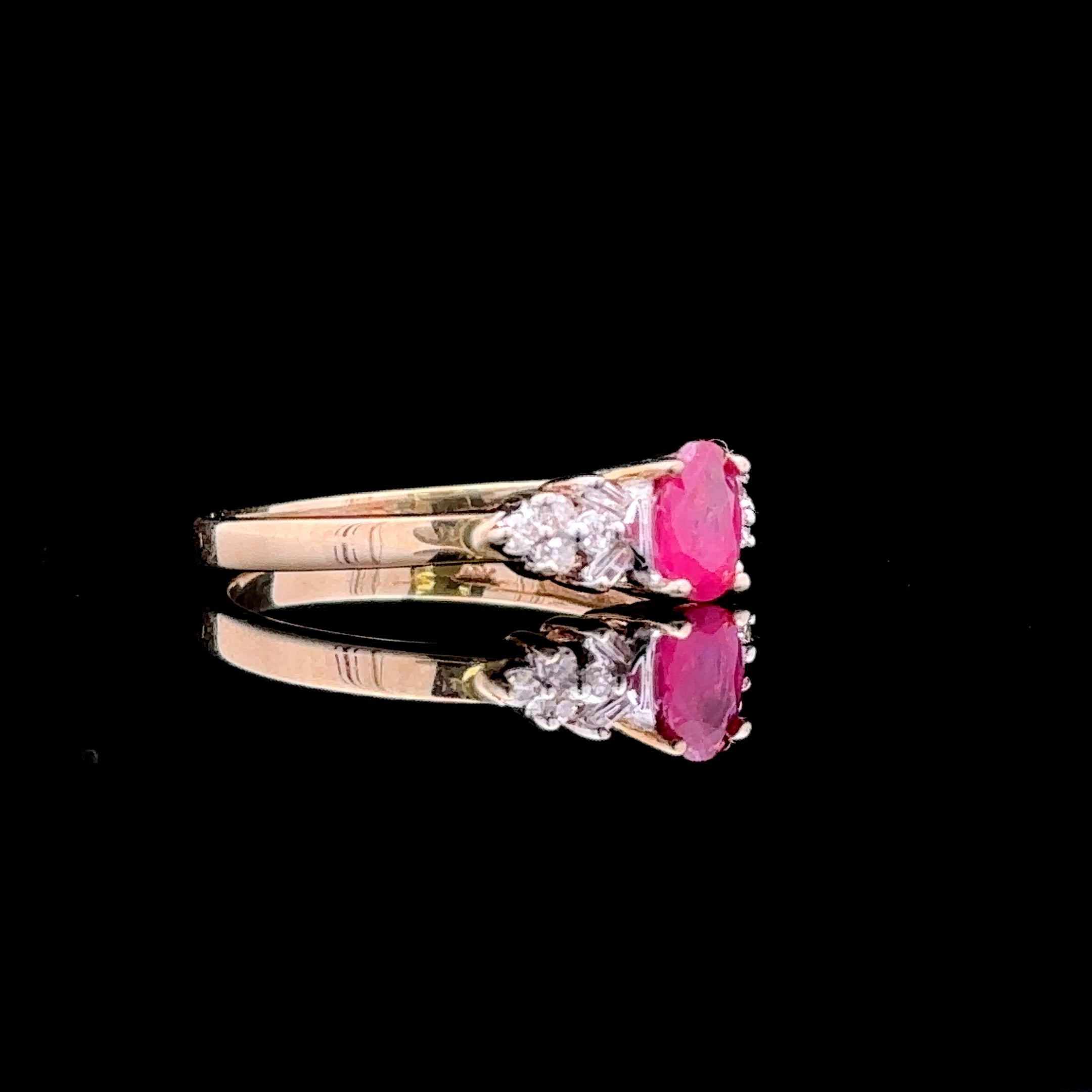 Estelle 10K Yellow Gold Oval Ruby with Baguette and Round Diamond Ring