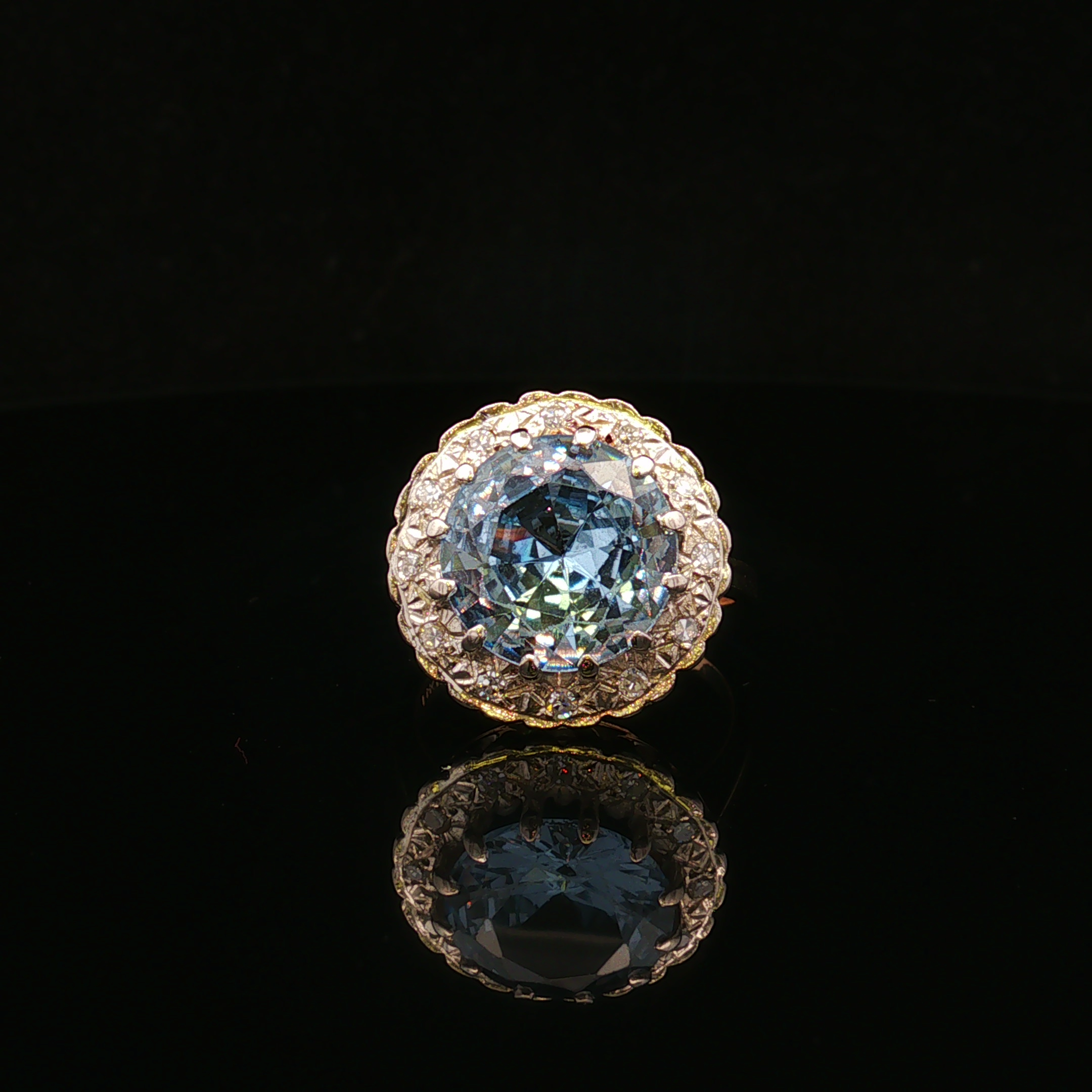 Esmee 14K Two Tone 9 CT Blue Topaz & Diamond Halo Ring