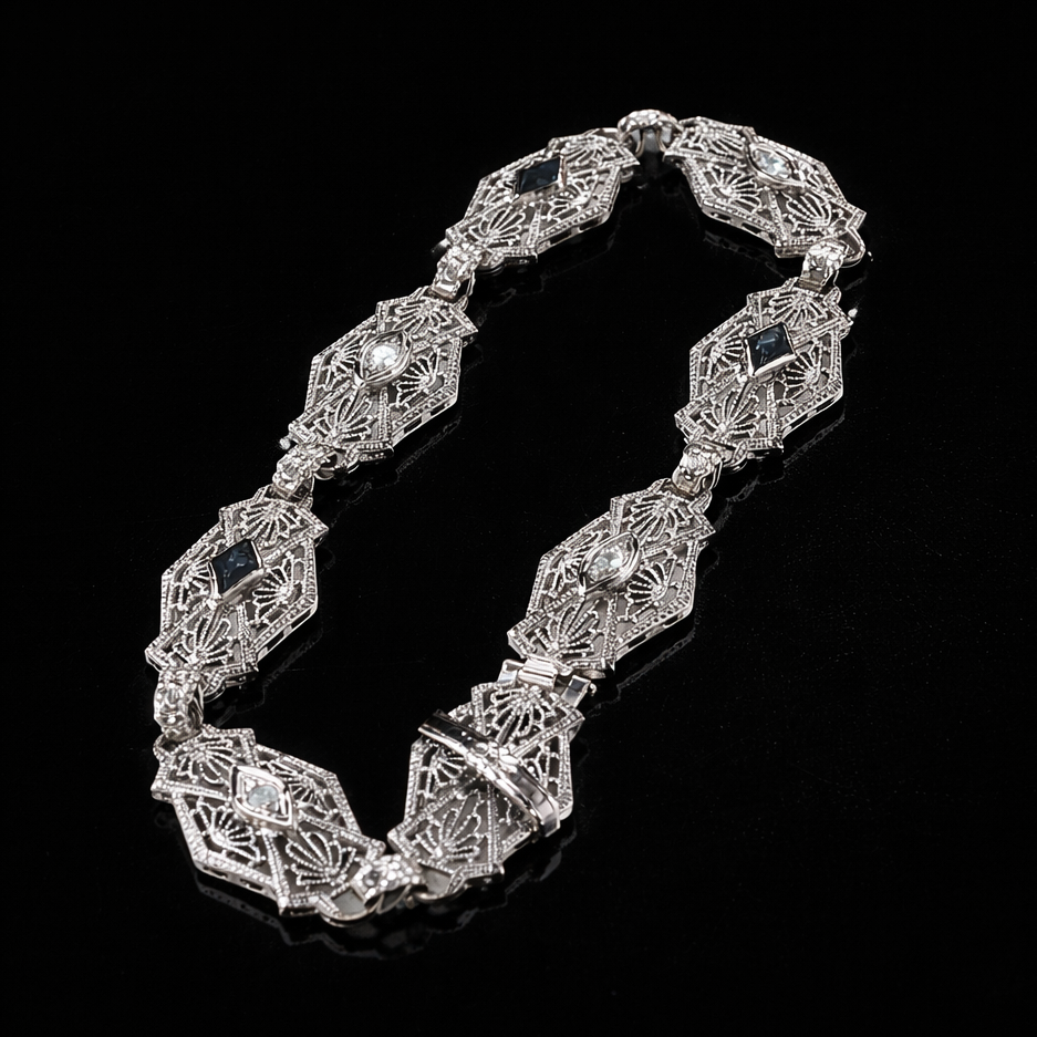 Margarete White Gold Sapphire and Diamond Filagree Link Bracelet