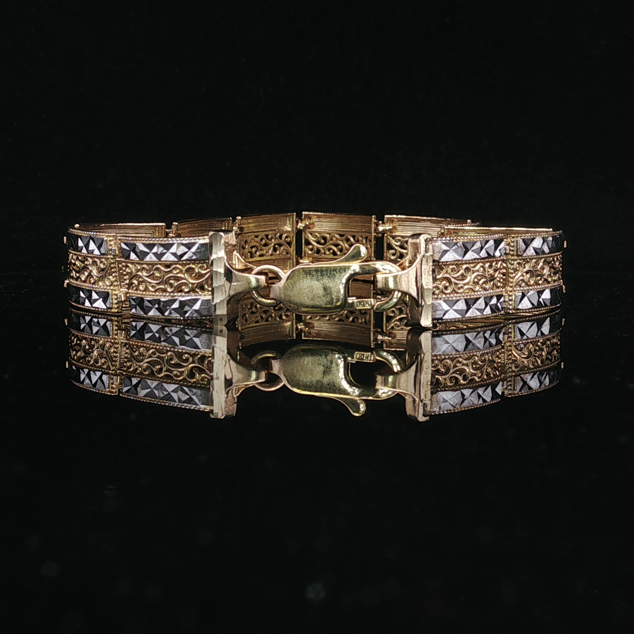 Two-Tone 10K Filigree & Diamond Cut Link Bracelet 7.25"